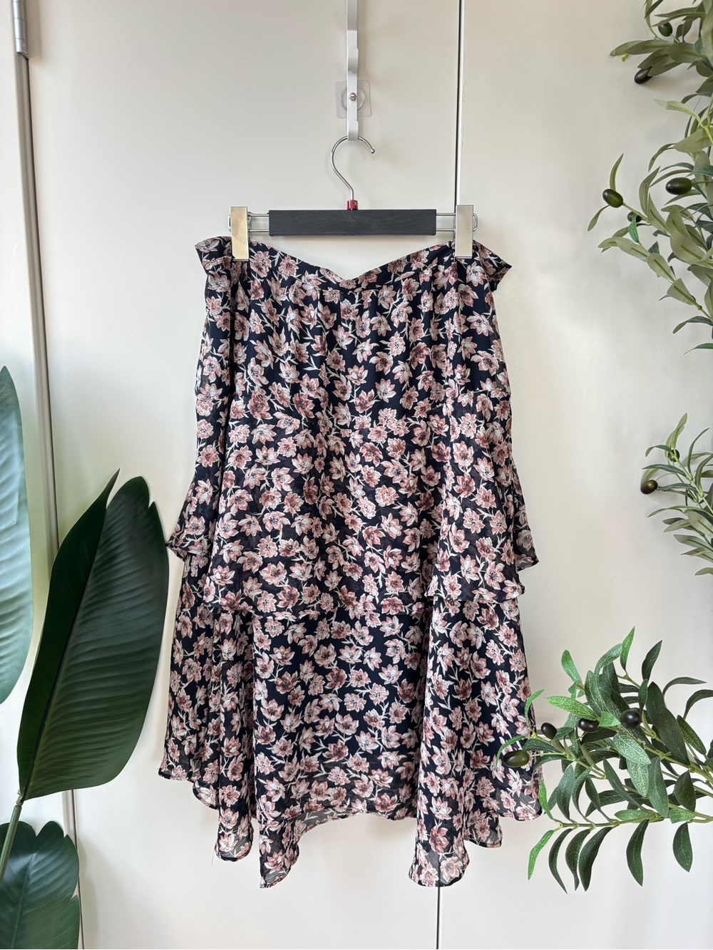LOFT Black Floral Asymmetrical Ruffle Midi Skirt